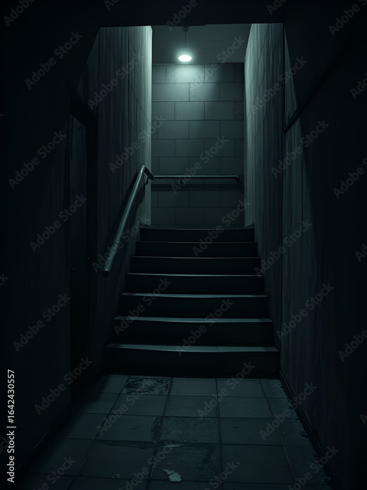 Fototapeta premium Moody gritty image of empty concrete stairs under a single faint light, full-frame camera 28mm lens emphasizing textures of damp walls and chipped paint in dark environment