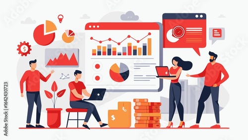 The image displays an animated representation of a team analyzing financial