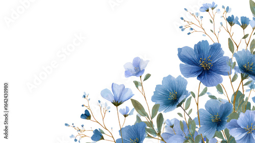 Delicate blue flower watercolor rectangle border with soft tones transparent background