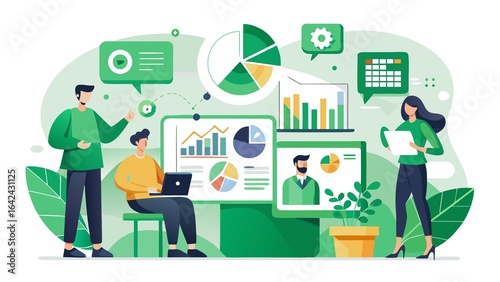 The image shows three individuals amidst data visualizations, suggesting teamwork and analytical