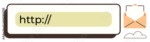 URL bar with http text, open envelope, and cloud icon illustrating email, web browsing, and online hosting. Ideal for technology, digital communication, cloud computing themes. Simple flat metaphor