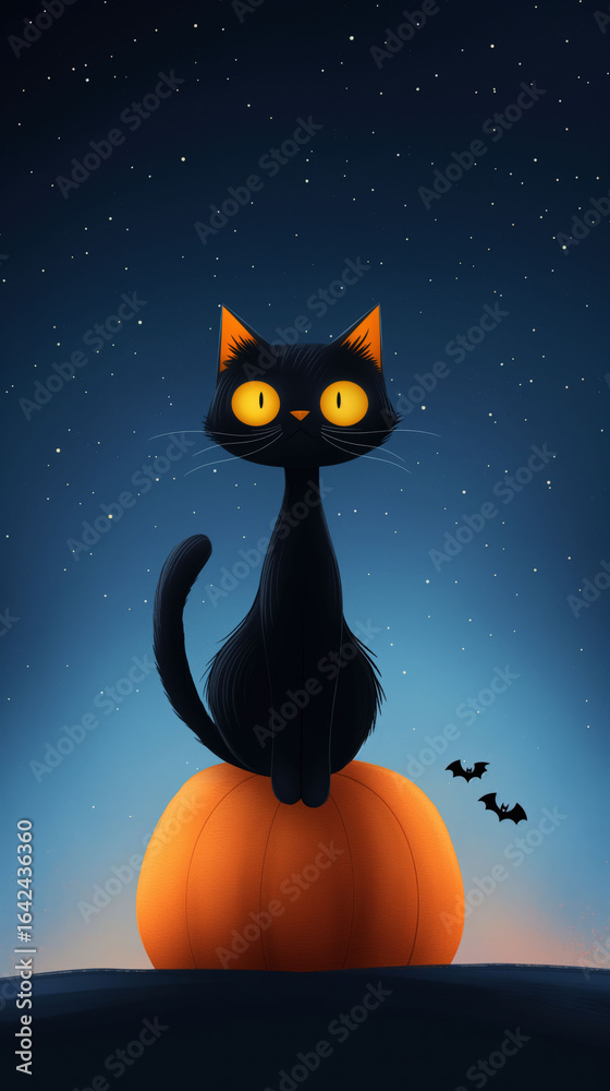 Fototapeta premium Black Cat With Glowing Yellow Eyes Sits on a Pumpkin Under a Starry Night Sky With Bats for a Minimalistic Halloween Design