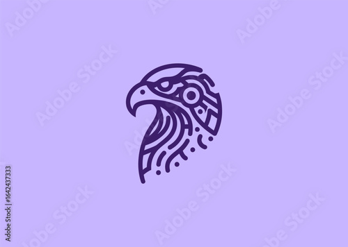 A robotic eagle logo, merging mechanical elements with the fierce features of a bird of prey.