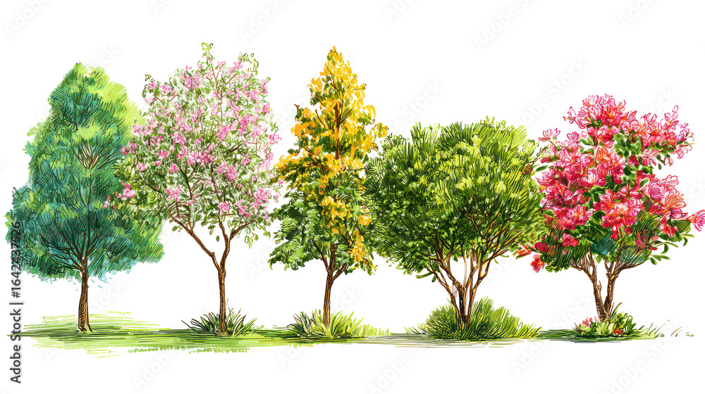 Obraz premium Group of 5 flowering roadside trees with diverse blossoms transparent background