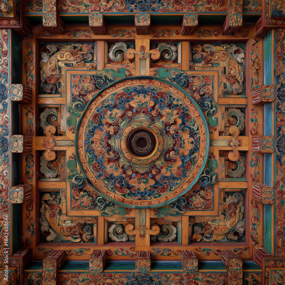 Fototapeta premium Hand-carved wooden ceiling panels in a Tibetan monastery.