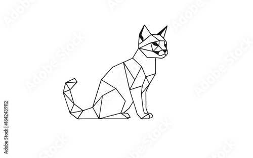 A modern, stylized illustration of a seated cat, created with black geometric lines and triangular facets.