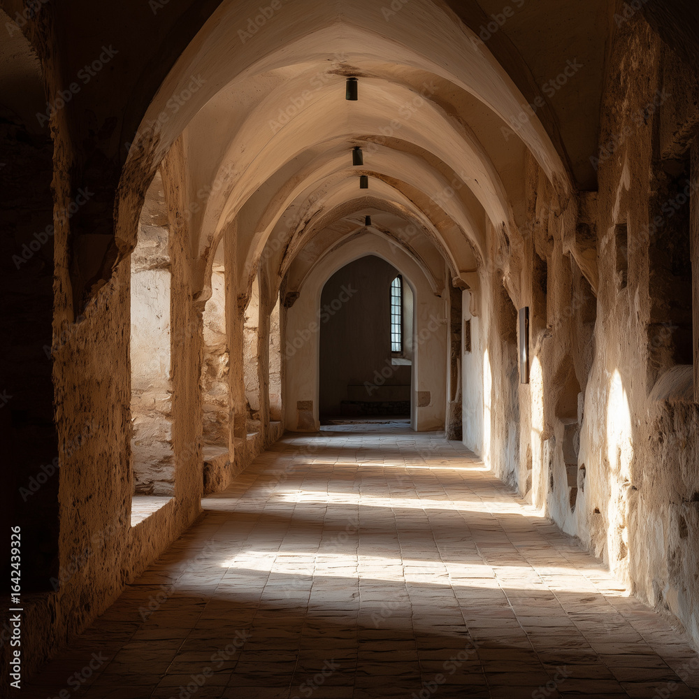 Fototapeta premium Interior arch framing of an old monastery hallway.