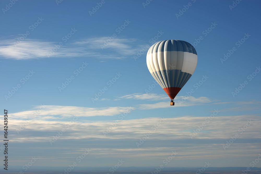 Obraz premium Striped Hot Air Balloon Floating in Open Blue Sky Above Horizon. Mock up promotion information for marketing announcements and details, blank white space.