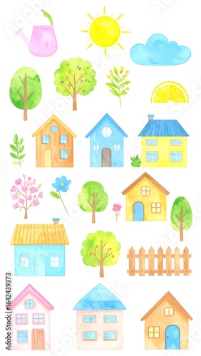 Colorful watercolor illustrations of houses and nature elements