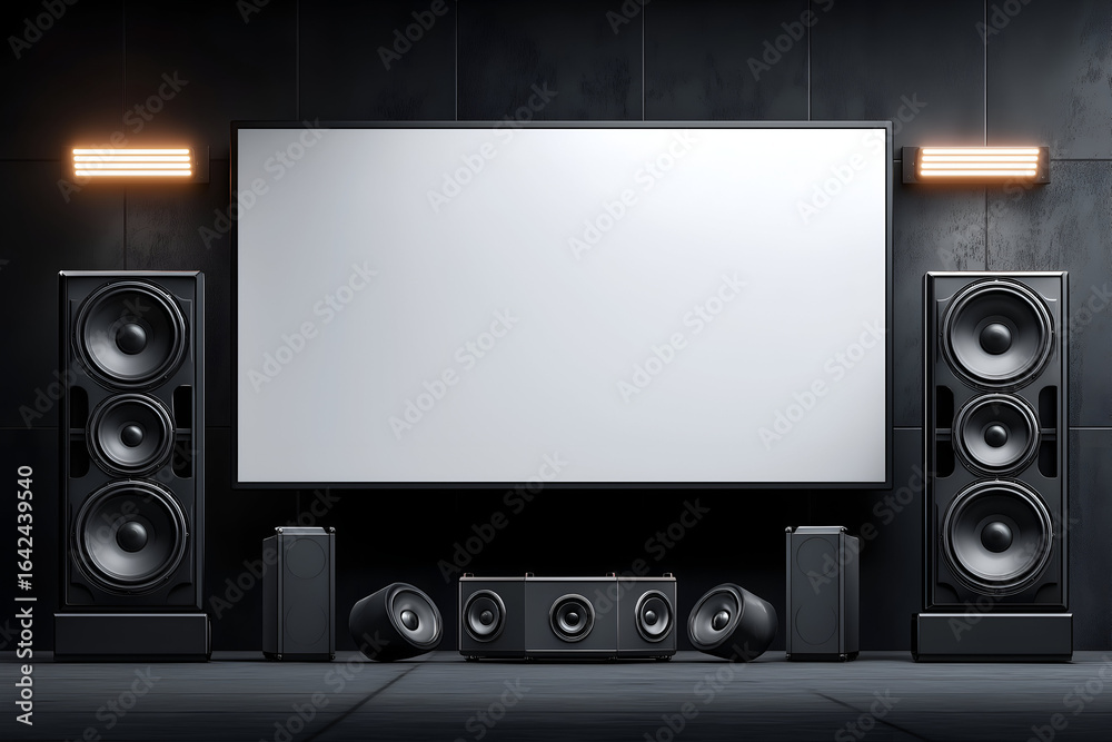Obraz premium Modern Home Theater System with Large Screen and Black Speakers. Mock up promotion information for marketing announcements and details, blank white space.