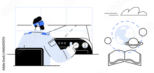Pilot operating aircraft control panel with globe, open book, orbiting planets. Ideal for aviation, space exploration, education, innovation, learning science progress. Simple flat metaphor