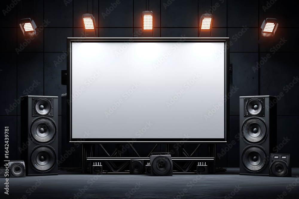 Fototapeta premium Blank White Projection Screen with Audio Speakers and Orange Lights. Mock up promotion information for marketing announcements and details, blank white space.