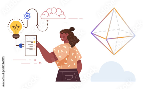 Woman interacts with data sheet, light bulb, and connected elements symbolizing creativity and innovative thinking. Ideal for innovation, learning, brainstorming, planning, teamwork, problem-solving