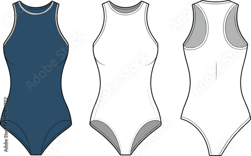 Women's sleeveless bodysuit CAD template, flat vector illustration, front and back views, fashion sketch, apparel design, clothing mockup