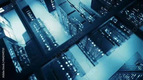 Data Center Server Racks Dynamic Aerial View of Network Infrastructure and Cloud Computing.