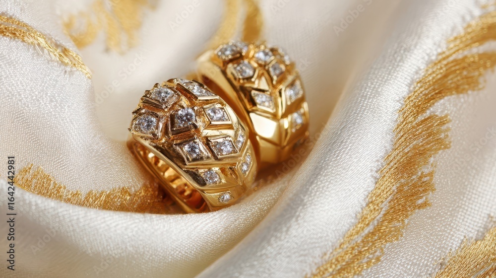 Naklejka premium Gold earrings adorned with diamonds on a luxurious fabric.