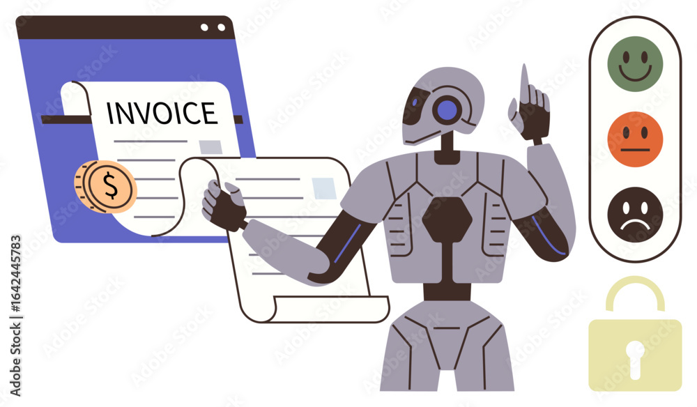 Fototapeta premium Robot processing invoices online, dollar coin, satisfaction meter with faces, lock icon. Ideal for AI, automation, finance, productivity security data processing business innovation. Simple flat