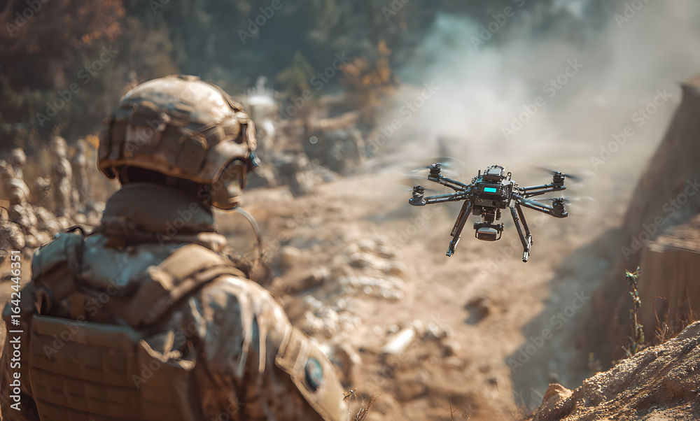 Fototapeta premium Soldier UAV operator launches army drone with bomb to drop into enemy fortifications and trenches. Concept using military robots in modern warfare