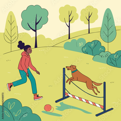 Young man training dog in open area, vibrant vector illustration.