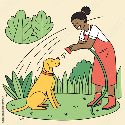 Woman bathing her dog in the backyard.