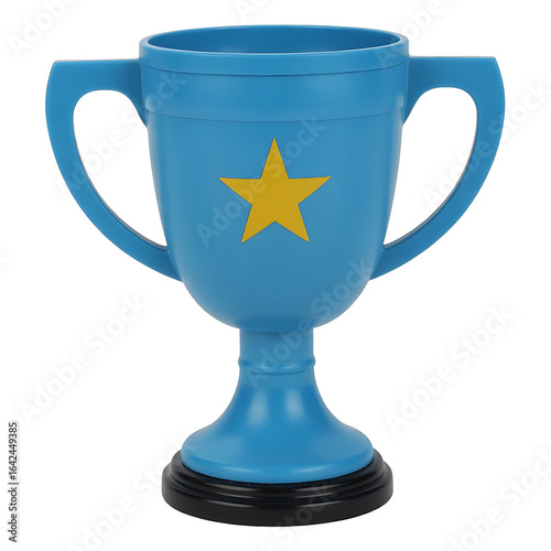 Bright blue plastic trophy cup with a golden star award isolated on transparent background