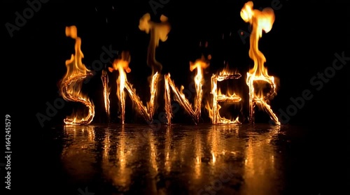 Sinner in animated fire letters - burning type treatment of word or phrase - sensual love or religious sin and desire concept - flames surround letter on black background fires of hell - sin, sinful
