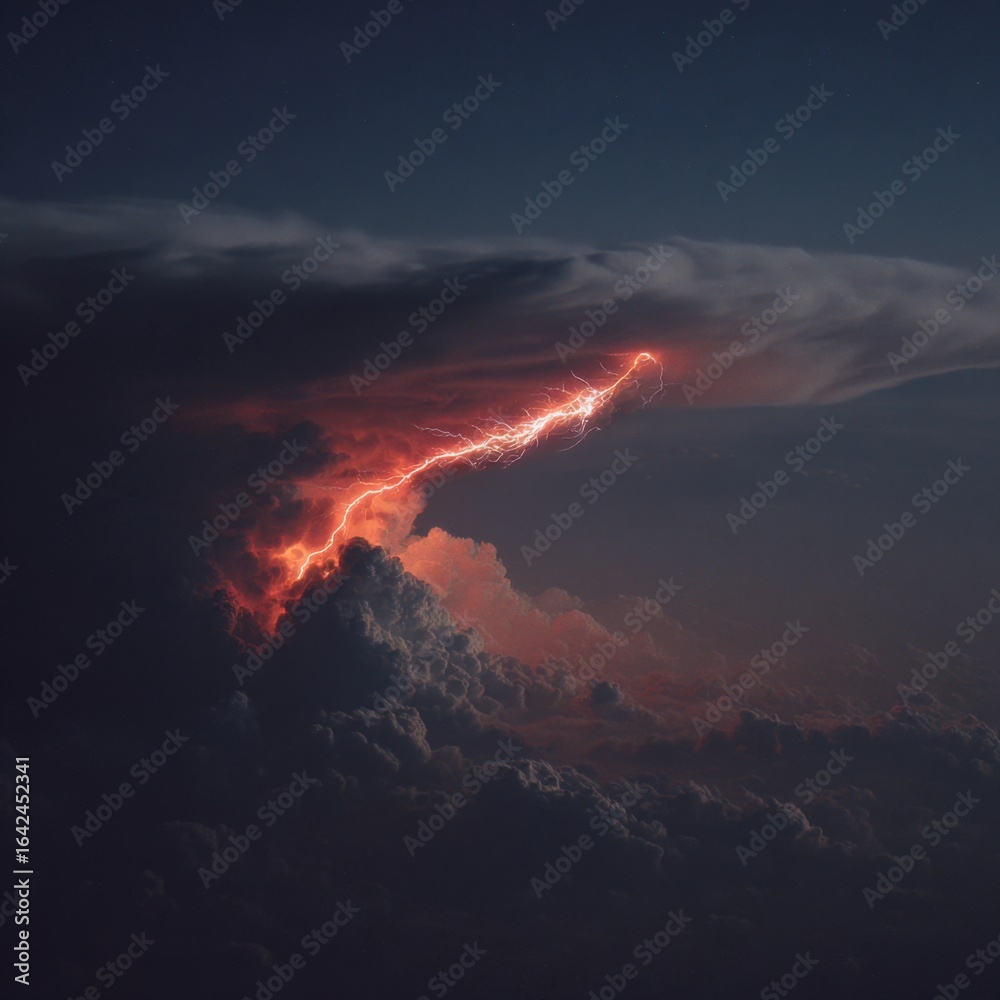 Fototapeta premium Striking red lightning illuminates the night sky dramatically.