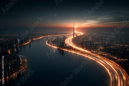 Wallpaper Mural Futuristic city skyline at sunset with river and light trails
 Torontodigital.ca