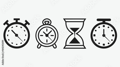 Time Management Icons: Stopwatch, Hourglass, Alarm Clock; Simple Black and White Vector Illustration.