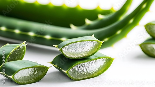Close-up of freshly sliced aloe vera leaf showing transparent gel on white seamless backdrop, shot with 50mm lens, sharp detail on moist gel texture and natural green leaf edges