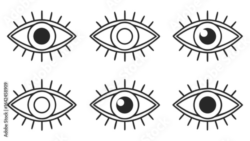 Six stylized evil eye illustrations; minimalist line art; mystical, protective amulet design elements.