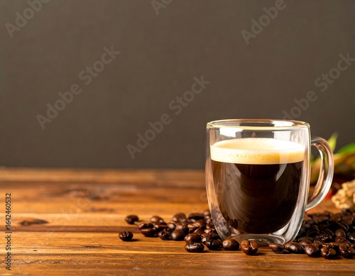 Espresso in glass cup, coffee beans
