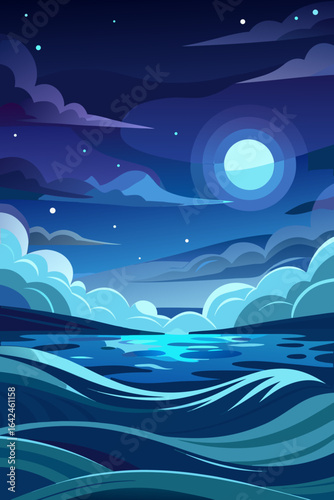 Serene moonlit night over calm waters, a stylized landscape evoking peace and tranquility, perfect for meditation guides, calming apps, and dreamy storybooks, originally a vector graphic