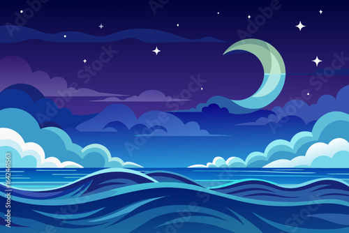Dreamy night seascape with crescent moon, twinkling stars, and stylized ocean waves, evoking peace and tranquility, perfect for bedtime stories and meditation apps