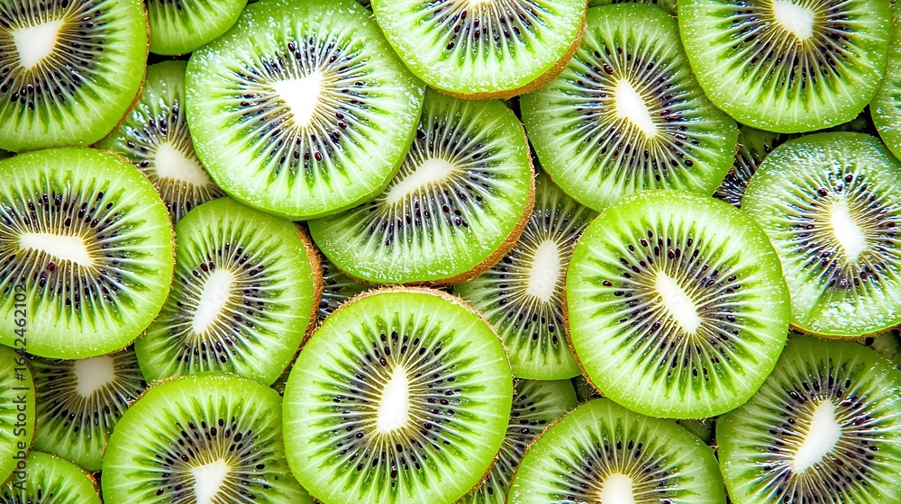 Vivid green sliced kiwi with visible seeds placed on white background, shot with full-frame mirrorless camera and 50mm lens, detailed texture and vibrant color contrast emphasized by clean lighting Vivid green sliced kiwi with visible seeds placed on white background, shot with full-frame mirrorless camera and 50mm lens, detailed texture and vibrant color contrast emphasized by clean lighting