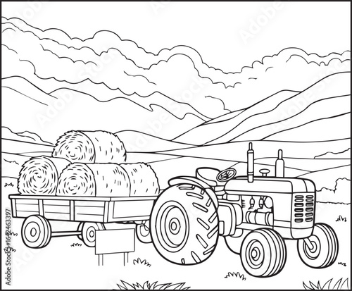 Beautiful tractor in field coloring page activity book for kids, line art vector for design elements 