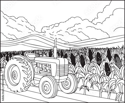 Beautiful tractor in field coloring page activity book for kids, line art vector for design elements 
