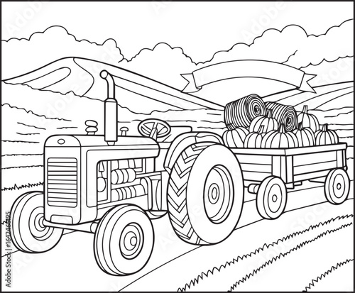Beautiful tractor in field coloring page activity book for kids, line art vector for design elements 