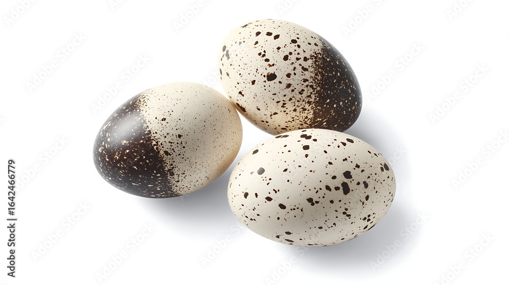 Obraz premium Three quail eggs forming a triangle on white background, photographed using 50mm lens, highlighting natural speckled texture and precise geometric layout in simple clean frame