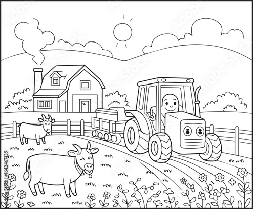 Cute boy with tractor in field coloring page activity book for kids, line art vector for design elements 