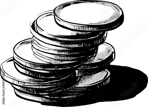 A stack of  gold golden coins, finance, financial concept, hand drawn comic style black and white illustration