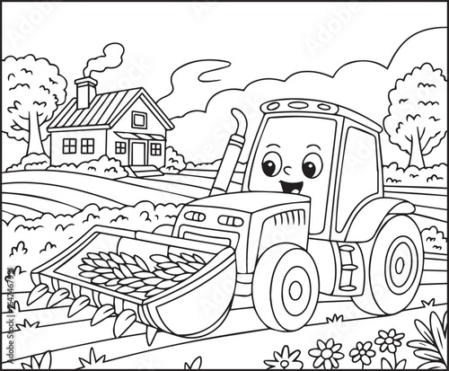 Beautiful tractor in field coloring page activity book for kids, line art vector for design elements 