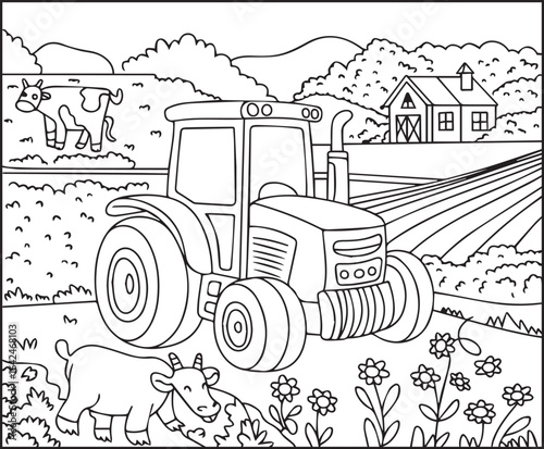 Beautiful tractor in field coloring page activity book for kids, line art vector for design elements 