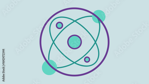 Stylized atom model with orbiting electrons on a light blue background atomic science
