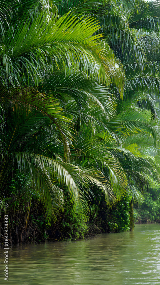 Obraz premium Dense Tangle of Lush Green Palm Fronds Overhanging Muddy Bank