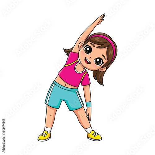 A cute cartoon girl doing a standing side bend stretch. A cheerful vector illustration of a child practicing fitness and wellness.