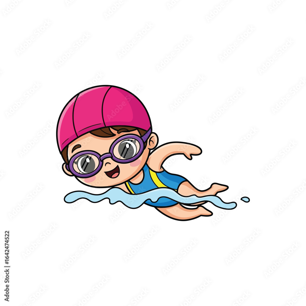 Obraz premium Cartoon illustration of a young girl swimming freestyle with a pink cap and goggles.