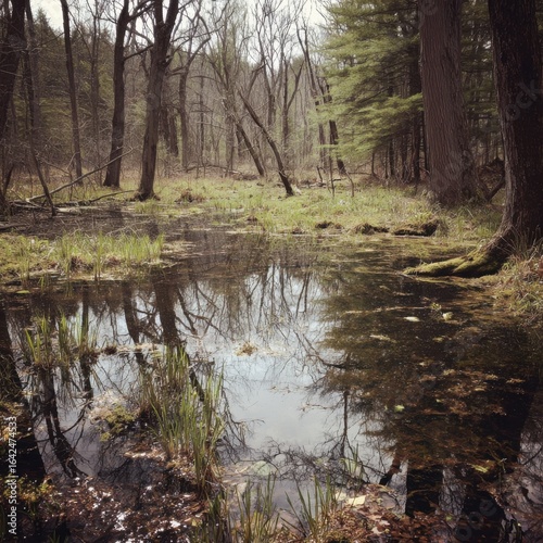 A serene vernal pool habitat bustling with amphibian activity.