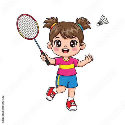 Cartoon girl playing badminton with a racket and shuttlecock, smiling and ready to hit.