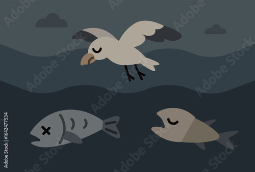 An illustration showing the harmful effects of marine pollution, featuring dead fish, a seabird, and floating plastic waste such as bottles, a bag, and snack packaging in dark ocean waters. Suitable f